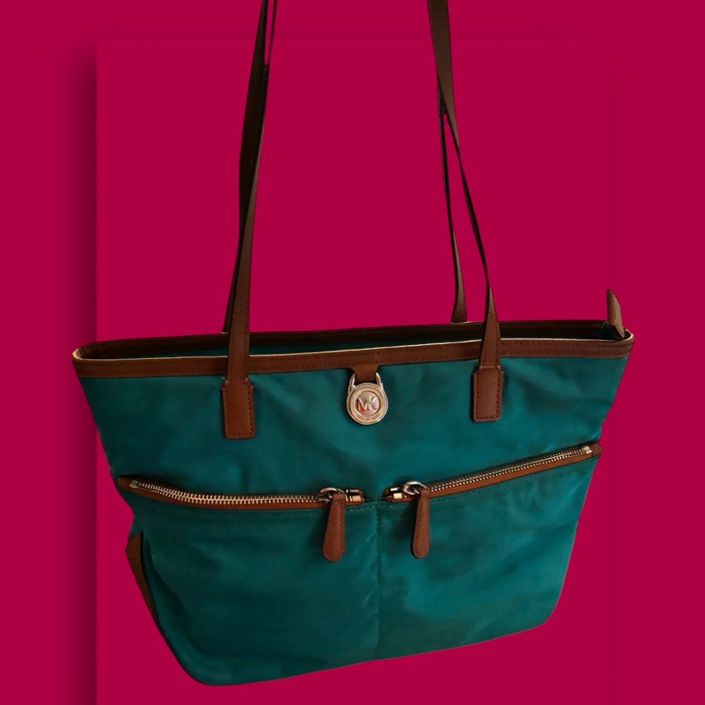Michael Kors Kempton Nylon Shoulder Toe Bag Green with Brown Leather Trim